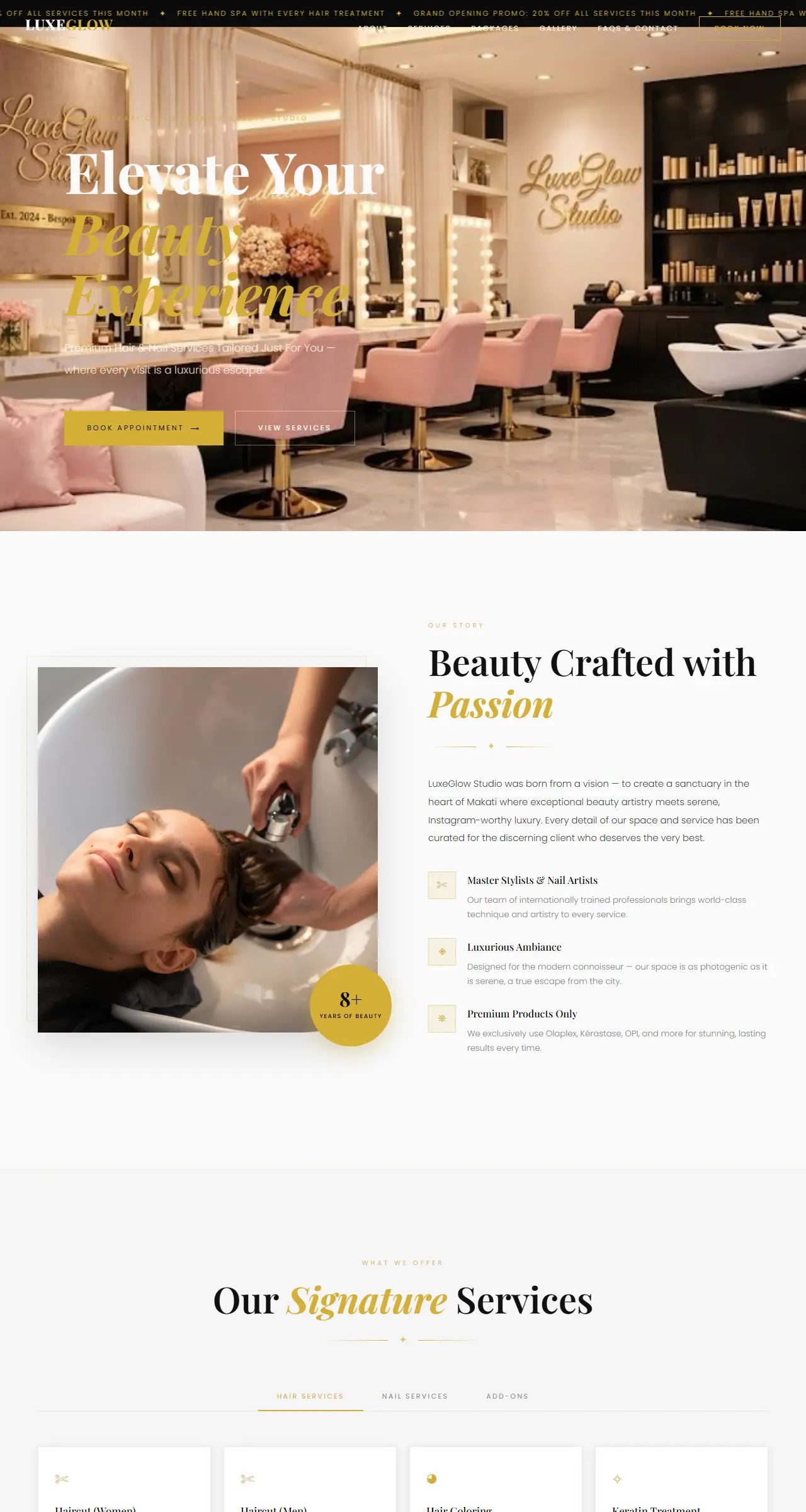 LuxeGlow Studio salon homepage