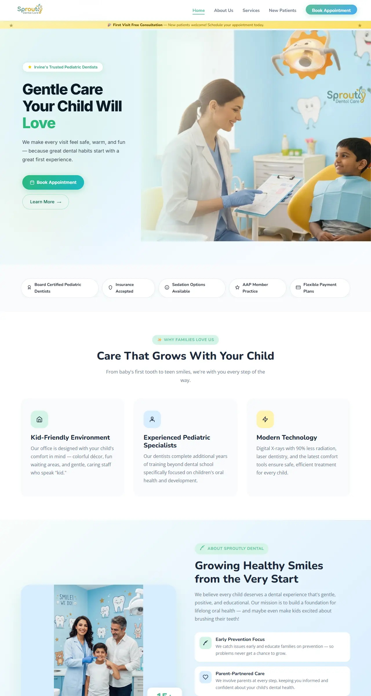 Sproutly Dental pediatric clinic homepage
